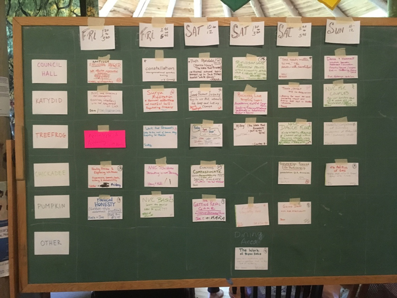 Scheduling board for arranging Open Space sessions, a grid of sticky notes for locations & times