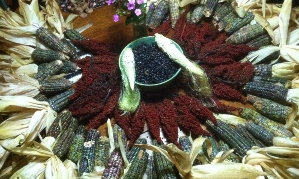 Mandala with corn, sumac, and black beans